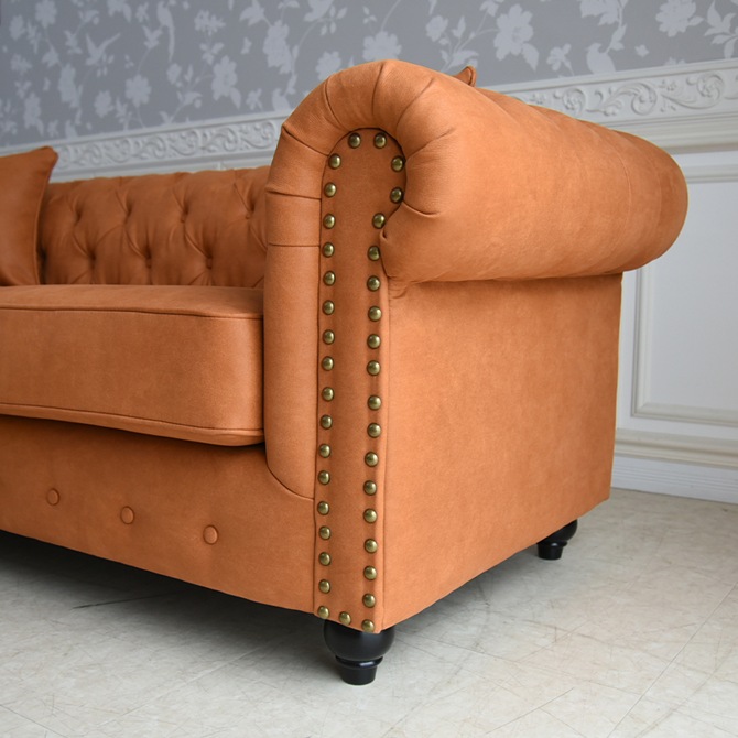 クラシック チェスターフィールド 3人掛けソファ 3P 撥水 キャメル 画像8