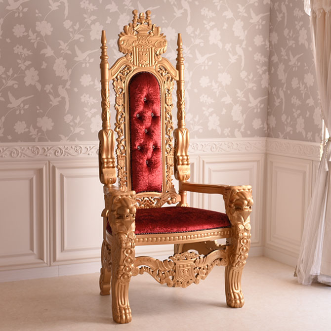 個性派アンティーク　コレクション・王様の椅子　ビッグライオンキング　べロアチェリーゴールド